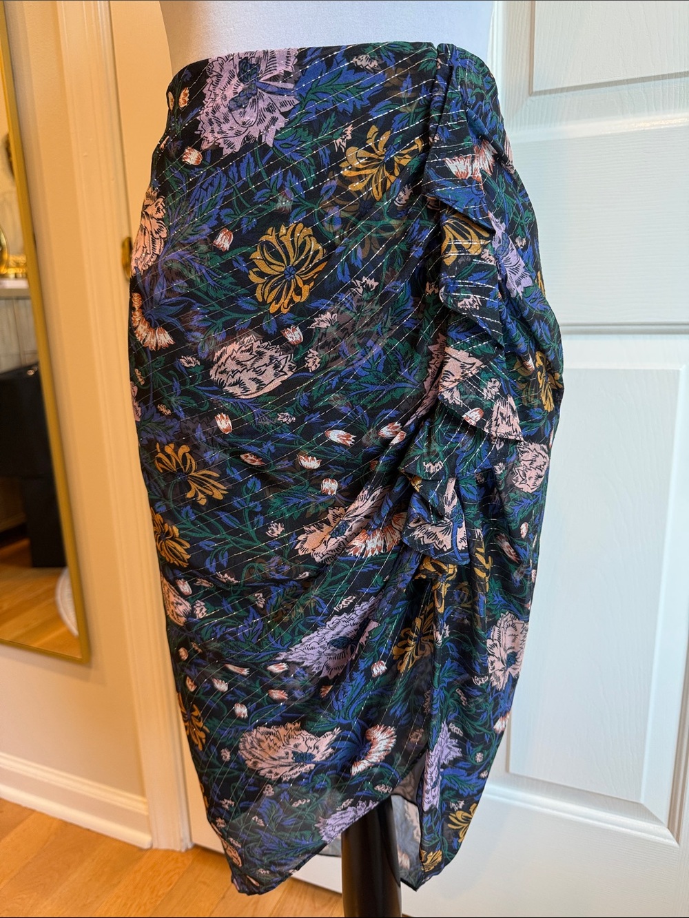 Veronica Beard Hazel Skirt Floral Ruched Sarong Skirt in Navy